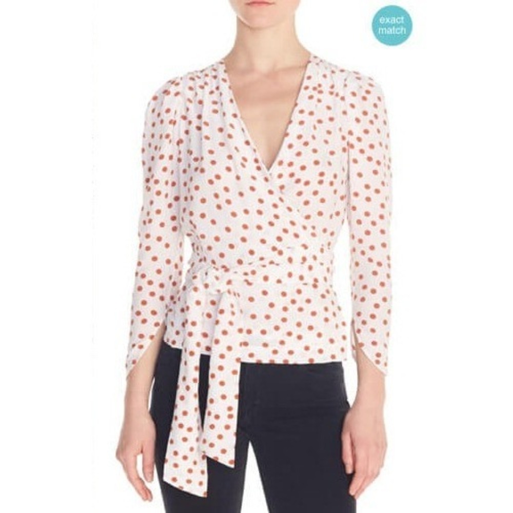 Maje Polka Dot Wrap Blouse White & Brown Long Sleeve Bow Tie Top | Size S / 1